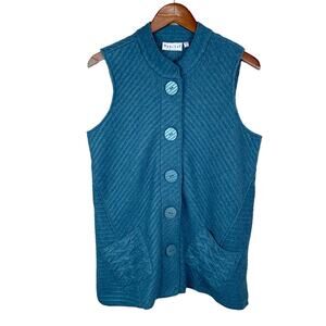 Habitat Vest Blue Textured Button Front Pockets Womens S Longer Length Lagenlook